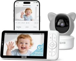 GHB Babyphone mit Kamera App WiFi IPS 5 Zoll 2K WLAN Babyphone PTZ 350°/65° Bewegungs-/Geräusch-/Weinerkennung Nachtsicht VOX 4 Zoom