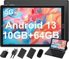 GOODTEL Naujausia 10 colių planšetė su "Android 13", 10GB RAM + 64GB ROM (TF 1TB), aštuonių branduolių, "WiFi 5G", "Bluetooth 5.0", GMS, GPS, valdikliais, C tipo, OTG, 6000 mAh, 8MP+5MP, su dėklu, klaviatūra, pele, juoda