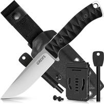 GREIFS® Lauko peilis iš D2 plieno su Kydex dėklu ir ugnies smogikliu, elegantiškas išgyvenimo peilis, skirtas Bushcraft įrangai, medžioklinis peilis, drožinėjimo peilis, kelioninis peilis (Ranger/Silver-Black)