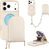 Hanman Magnetinė apsauga iPhone 17 Pro Max, RFID blokatorius, iš natūralios odos, su magnetine apsauga, su magnetine apsauga, su ketera, 2-in-1, magnetinė dėklo apsauga, Beige