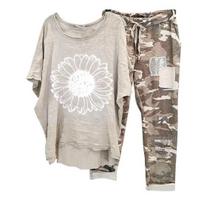 2 Pcs/Set Women T-shirt Pants Set Dandelion Printing Round Neck Half Sleeves Camouflage Print Vintage Daily Wear Casual Elastic Waist M