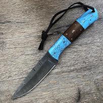 Hobby Hut HH-409, 24,13 cm rankų darbo Bushcraft Damasko plieno peilis, medžioklinis peilis su odiniu dėklu, medžio ir turkio spalvos rankena, Damasko peilis, medžioklinis peilis, pilnaviduris, fiksuotas peilis, fiksuotas peilis