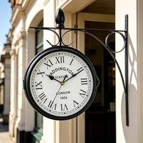 JHY DESIGN Dvipusis laikrodis 21 cm metalinis stoties laikrodis Vandeniui atsparus sieninis laikrodis Kabantis retro sodo laikrodis Apvalus dekoratyvinis laikrodis su sieniniu laikikliu, skirtas kambariui, namams, lauko reikmėms
