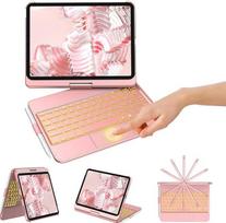 KBCASE "Bluetooth" klaviatūros dėklas "iPad" 10 kartos 2022 10,9 colių, "iPad" 11 kartos 2025 A16 11 colių su jutikliniu kilimėliu, QWERTZ, 360° pasukimas, 7 spalvų apšvietimas (rožinis auksas)
