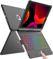 Klaviatūros dėklas "iPad" 10,2 colio, skirtas "iPad 9/8/7" kartos dėklui, 360° jutiklinio kilimėlio apverčiamas kietas plonas dangtelis, belaidis "Bluetooth" klaviatūros dėklas, 7 apšvietimai, automatinis miegas / pabudimas, QWERTZ išdėstymas