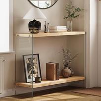 Konsolinis staliukas Siauras medinis prieškambario staliukas Stačiakampio formos prieškambario staliukas 100 x 30 x 76 cm su 2 lentynomis, šoninis staliukas su grūdinto stiklo kojelėmis, sofos staliukas mažoje erdvėje, svetainėje, prieškambaryje, biure