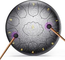 Liežuvinis būgnas 12 colių, 13 tonų, C rakto rankinis būgnas, profesionalus plieninių liežuvinių būgnų rinkinys, lietaus būgnas, lauko, meditacijos ir jogos būgnas, įskaitant krepšį, muzikos knygą ir plaktukus (sidabrinis, 12 colių)