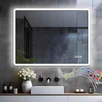 LISA LED vonios veidrodis su apšvietimu, 80 x 60 cm, didelis vonios veidrodis su lizdu ir "Bluetooth", reguliuojamas apšvietimas, 3 šviesos spalvos, apsaugotas nuo rūko sieninis veidrodis vonios kambariui, tualetui, prieškambariui, galinis apšvietimas