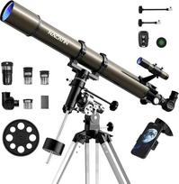 NACATIN astronominiai refraktoriniai teleskopai suaugusiesiems ir pradedantiesiems su ekvatoriniu arba azimutiniu tvirtinimu, aukštos kokybės optika Mėnuliui, planetoms ir žvaigždėms stebėti (rudi, 90/1000)