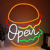 OPEN Neon ženklas Greito maisto neoninis ženklas Atviras LED Burger Šviečianti reklama sienai Burger USB neoninė šviesa Burger parduotuvei Greito maisto parduotuvių ženklai Dovanos namų dekoras Šalies apdaila