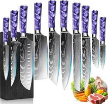 Peilių blokų rinkinys su 10 dalių dervos rankena, virtuvinių peilių rinkinys su virėjo peiliu, duonos peiliu, peiliu "Santoku", peiliu "Paring", "Damask" raštu, profesionalių virėjo peilių rinkinys, dovanų dėžutė (violetinė)