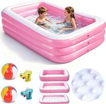 Planschbecken für Kinder, Aufblasbarer Planschbecken Rechteckig mit 2 Beachball und 2 Mini-Wasserpistole, Verdickter Swimmingpool Kinder für Garten, Outdoor, Sommer-Wasserpartys (Rosa)
