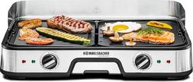 ROMMELSBACHER BBQ 2025 stalo grilis, 2 apverčiamos grilio plokštės (briaunotos ir lygios), atskirai reguliuojamos, keraminė neprideganti danga (be PFAS), temperatūra iki 230 °C, 2 m laidas, 2000 W