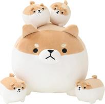SQEQE Pliušinių gyvūnų Shiba Inu pliušinis žaislas su 4 kūdikių Shiba Inu Plushies jos pilve, pliušinis medvilninis pliušinis gyvūnų žaislas dovana vaikams