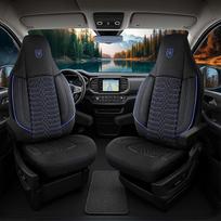 Universalūs automobilio sėdynių užvalkalai nameliams ant ratų ir karavanams - priekinių sėdynių užvalkalas, pagamintas iš "Lacoste" audinio, juodas/mėlynas, su oro pagalvėmis suderinamas sėdynių užvalkalas, automobilio sėdynių užvalkalas, priekinių sėdyni