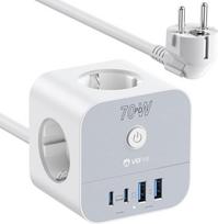 VEFVE 70W USB-C įkroviklis, 7-in-1 kištukinis lizdas su jungikliu, daugkartinis 3 m lizdas su greituoju USB įkrovimu, suderinamas su "iPhone 17/Pro/Pro Max/16/15", "MacBook Air", "iPad", "Pixel", "Galaxy", nešiojamuoju kompiuteriu