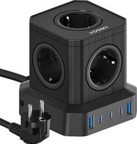 VOOMY 65 W daugiafunkcinis kištukas, kištukinis kubas su 3 USBC ir 2 USB įkrovikliais, įkrovimo stotelė su 2 m ilginimo kabeliu, apsauga nuo viršįtampių, paskirstymo lizdas su jungikliu, "Powercube", juodas