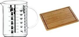 WMF pjaustymo lenta "Bamboo Natural" 45 x 30 cm stačiakampio formos, plaunama rankomis, sulčių griovelio ašmenys švelnūs, tvirti, aukštos kokybės 1 l matavimo indelis "Gourmet" iš karščiui atsparaus stiklo