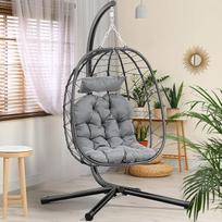 YITAHOME Kabantis krėslas su pagalvėle, maksimali apkrova 150 kg, lauko kabantis krėslas su rėmo krepšiais, 80 x 65 x 108 cm, kabantis krėslas, tvirtas rotango krėslas sodui, patalpoms ir lauke, juodas kiaušinio formos krėslas ir pilka pagalvėlė