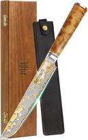 YOUSUNLONG Sakimaru peilis 200 mm - japoniškas sušių peilis - rankų darbo vario damasko plieno drožinėjimo peilis - itin aštrus peilis lašišai - Naturel Burl medinė rankena su oda