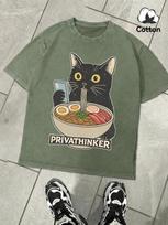 Cat Eat Noodles While Pla With Its Phone Retro TShirt Men Fashion Cotton Tee Sportwear ONeck Clothing Washed Unisex TShirts S