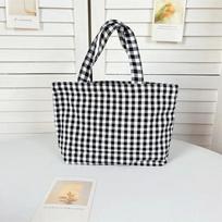 Portable Women's Bento Handbags Simple Plaid Ladies Small Tote Purse Shoulder Bags Retro Female Cloth Reusable Shopping Bag juoda