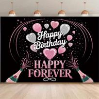 2D Happy Forever Birthday Backdrop, 2D Pink Silver Party Background for Photoshoot 47.2x31.5inch/120*80cm