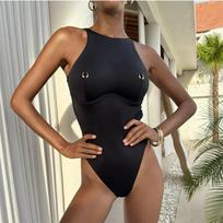 2026 New Women One Piece Solid Color Swimsuit Sexy Slim Fit Ladies Beach Pool Bathing Suit Wholesale S juoda