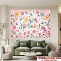 2D Pink Floral Unicorn Birthday Backdrop, Happy Birthday Party Background Cloth 47.2x31.5inch/120*80cm