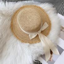 Korea Natural Raffia Wide Birm Sun Hat Daily Casual Falt  Straw Hat Black White Bow Weave uv blocking Beach Hat Vacation Panama 55-58cm smėlis
