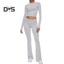 2 Pcs/Set Women Top Pants Suit Skinny High Waist O Neck Long Sleeves Pure Color Stretchy Soft Breathable Yoga Bell Bottoms T-shirt Set Spring Summer S šviesiai pilka spalva