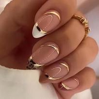 24PCS Black White Gold Almond Press On Nails, Long Coffin False Nails with Line Art, Fashion Fake Nails Kit Mother's Day Gift