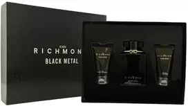 Set John Richmond: Juodas Metal Natural Cleansing Dušo želė, 50 ml + Juodas Metal Losjonas kūnui, 50 ml + Juodas Metal Eau De Parfum For Men, 100 ml