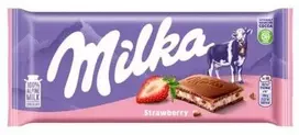 Pieninis šokoladas MILKA, iš Alpių pieno, su braškių skonio įdaru, 100 g