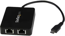 StarTech.com USB-C į dvigubą gigabito eterneto adapteris su USB (A tipo) prievadu, laidinis, RJ-45, USB, 5000Mbit/s, juodas