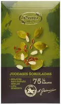 Juodas šokoladas RŪTA 75 % su moliūgų ir saulėgražų sėklomis ir linų sėmenimis, 90 g