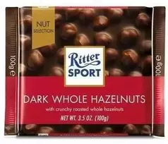 Tamsusis šokoladas Ritter Sport, su neskaldytais lazdynų riešutais, 100g