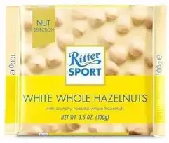 Baltas šokoladas Ritter Sport, su neskaldytais lazdynų riešutais, 100g