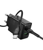 Juodas 30W GaN 1xUSB-C + 1xUSB-A pakrovėjas + USB-C - USB-C 100cm laidas "Hoco N71"