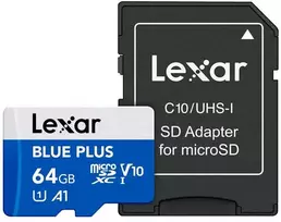 Atminties kortelė Mėlyna Lexar Micro SDXC Mėlyna Plus UHS-I C10 A1 U1 V30 64GB + SD adapteris