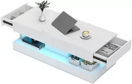 HOMCOM svetainės staliukas su stalčiais ir LED apšvietimu, modernus svetainės staliukas su atvira lentyna, kavos staliukas, medžio drožlių plokštė, balta