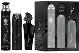 Lattafa Maahir Juodas Edition Giftset rinkinys unisex (EDP, 100 ml + dezodorantas, 200 ml + purškiamas namų kvapas, 300 ml)