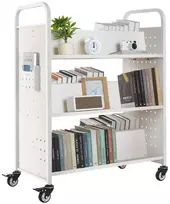 3 pakopų mobili bibliotekėlė, dvigubos W formos lentynos, balta, tvirta, biuro, mokyklos, knygų vežimėlis, dokumentų laikymo stendas