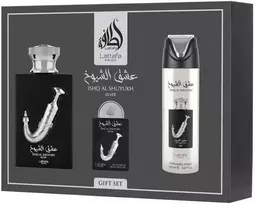 Lattafa Ishq Al Shuyukh Sidabrinis parfuminio vandens rinkinys 100 ml + kvepalų vandens purškiklis 20 ml + purškiamas dezodorantas 200 ml