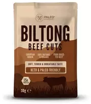 Paleo Powders Biltong Beef Cuts organiški vytintos jautienos gabalėliai, 30 g.
