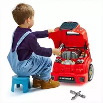 Vaikiškas mechaniko automobilio remonto rinkinys mažyliams, 60 dalių variklio žaislas su šviesomis ir garsais, raudonas, interaktyvios mechaniko dirbtuvės, variklio remonto žaislas, mechaniko dirbtuvių rinkinys, interaktyvus sunkvežimio variklio žaislas