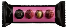 Pure Chocolate Pieniško šokolado triufeliai PURE su sūrio pyrago skonio grietinėlės įdaru ir aviečių papuošimu,32g