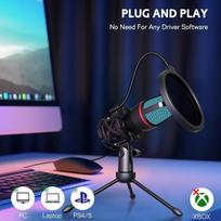 USB kondensatoriaus mikrofonas, trikojis ir pop filtras, „Plug & Play“, srautinis perdavimas / transliacija