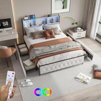 Lova 160x200 cm su LED apšvietimu ir 4 stalčiais - su USB jungtimis ir daiktadėže - aksominė - smėlio spalvos
