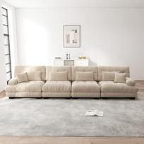 Modulinė kampinė sofa 4 vietų su gilia sėdyne, chenille audinys, šviesiai ruda